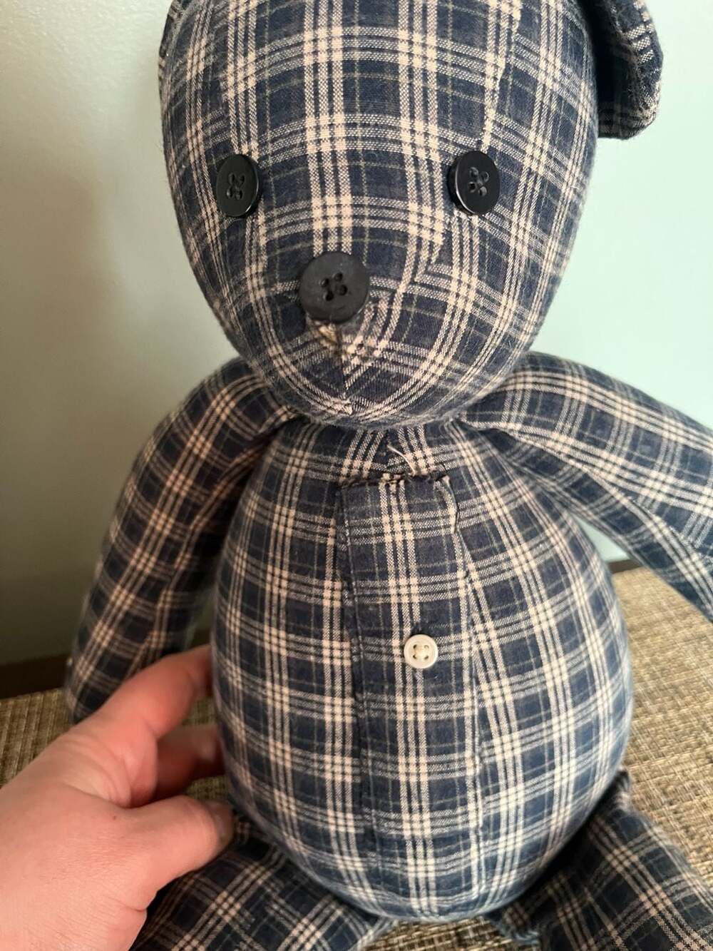 17" Blue Plaid Memory Keepsake Bear Handmade from Button-Down Shirt - Picture 3 of 4